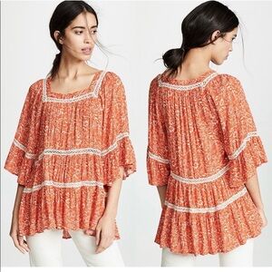 Free People Orange Bohemian Floral Tunic Top Size M